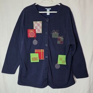 Vintage Christmas Applique Sweater Womens 16W Navy Festive Cozy Cottagecore